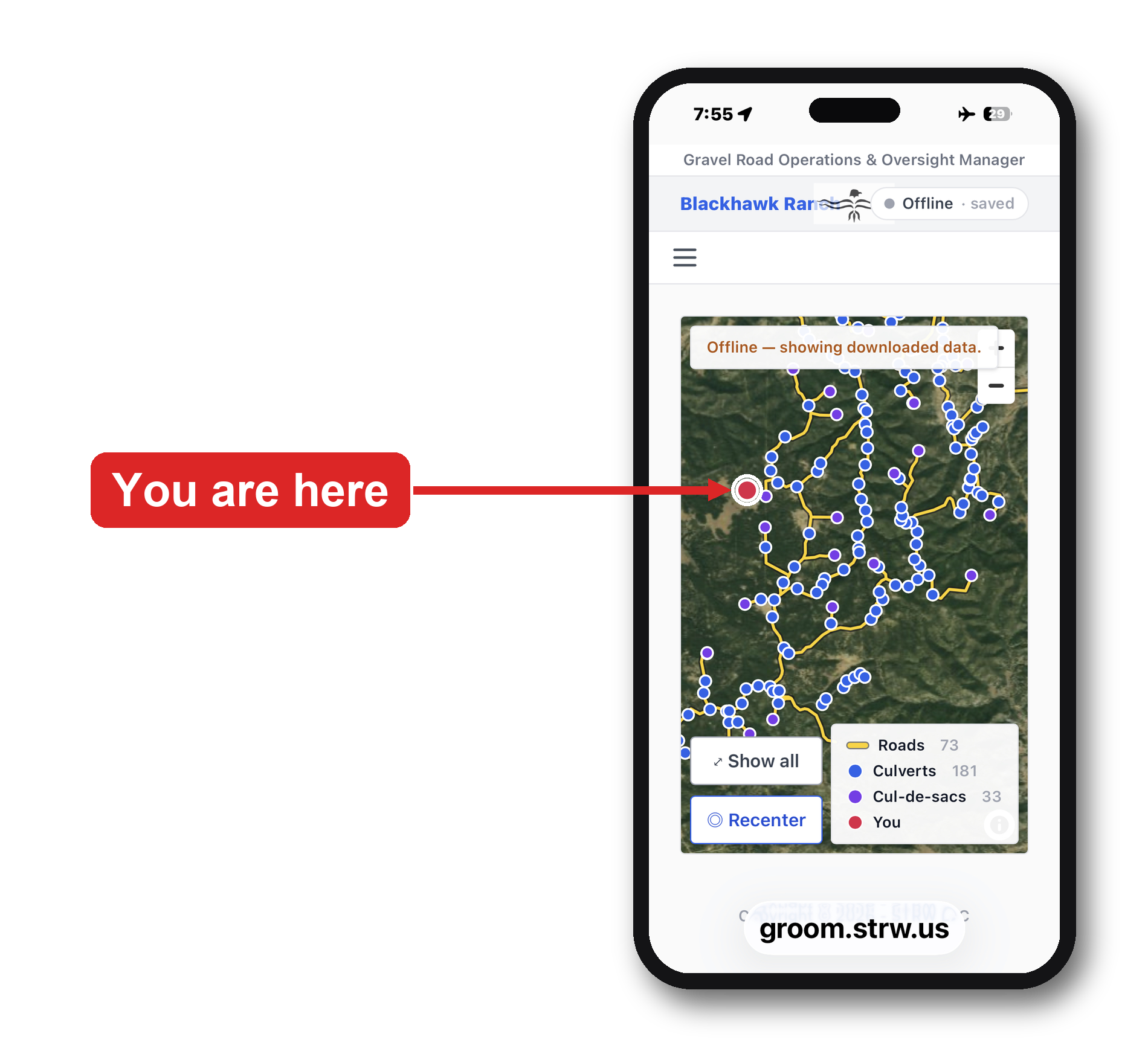 GROOM Field Map on a phone — offline satellite map of the gravel road network with a live GPS 'you are here' marker